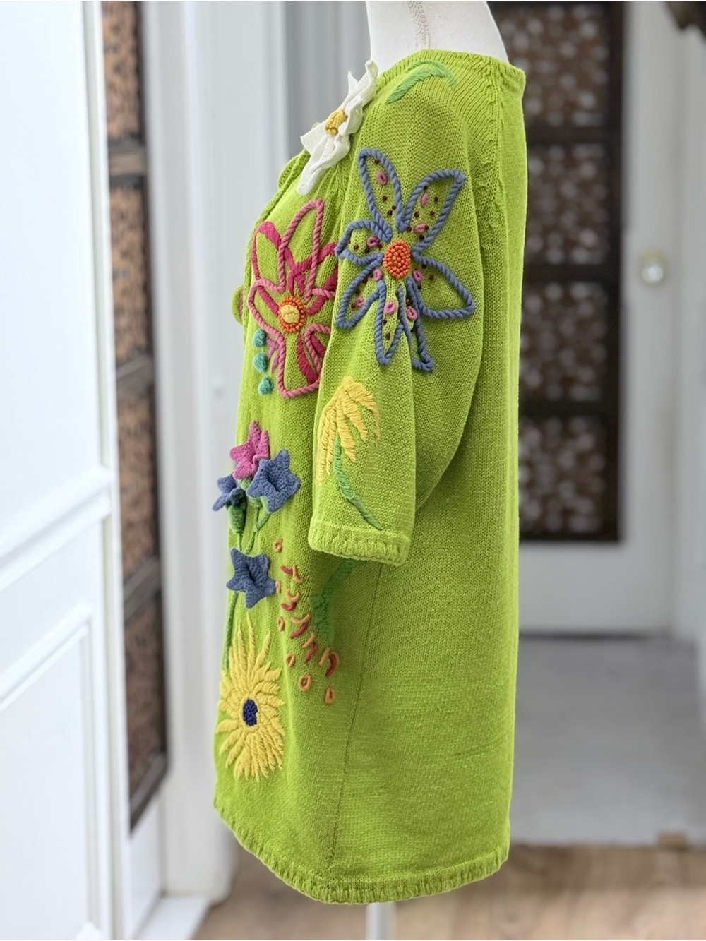 Vintage Cervelle 3D Floral Embroidered Beaded Novelty Cardigan Lime Green M - Picture 4 of 15